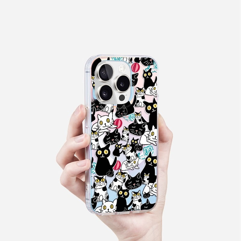 iCraftPro | Magnetic Holographic Case with Strap, for iPhone 12/13/14/15/16 Pro/17 Pro Max. Cute Cartoon Cat Design.