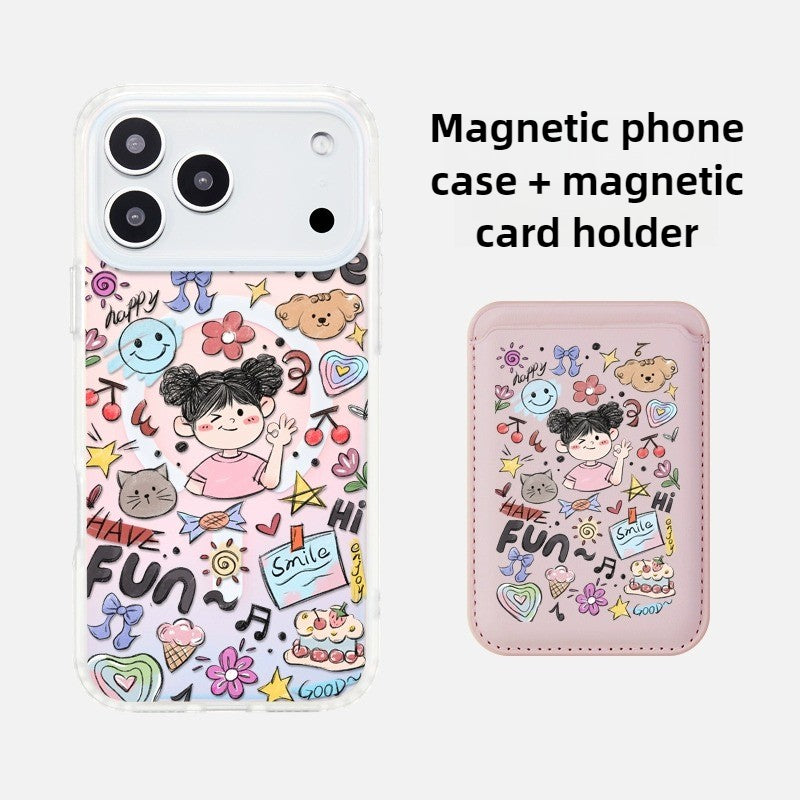 iCraftPro | Magnetic iPhone Case for 17 Pro Max/16 Pro/15/14/13/12 - Girls' Cartoon Doodle Style with Lanyard