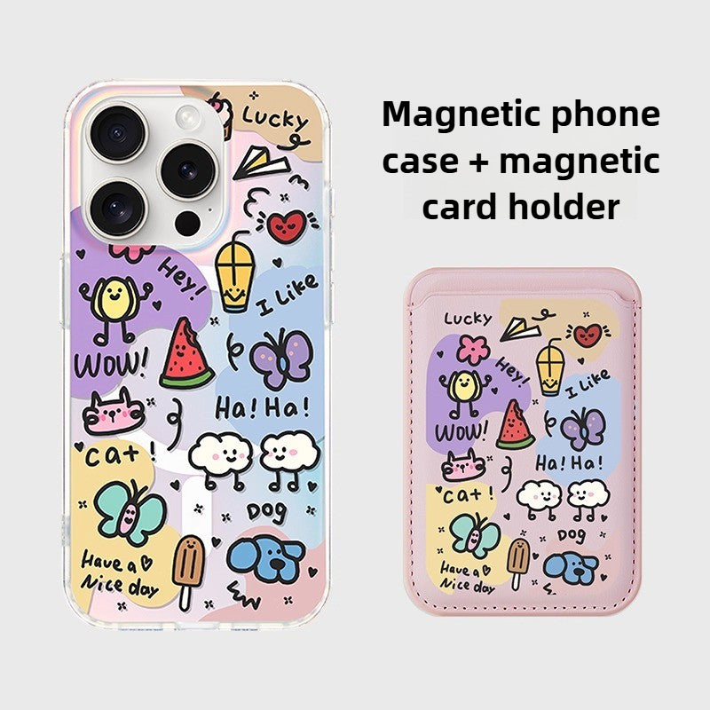 iCraftPro | Holographic Gradient Doodle Case, Creative Cartoon Minimalist Design MagSafe Compatible with iPhone 12 to 17 Pro Max