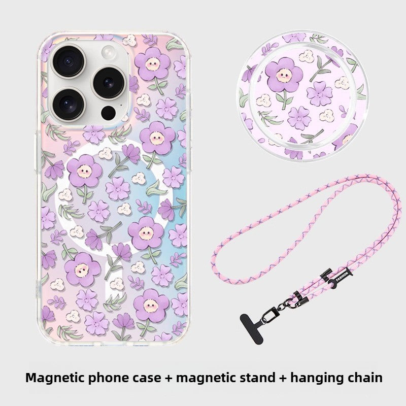 iCraftPro | Drop-Proof Magnetic Case for iPhone 12-17 Pro Max, with Creative Smiling Flower Design, Gradient Holographic Finish and Lanyard.