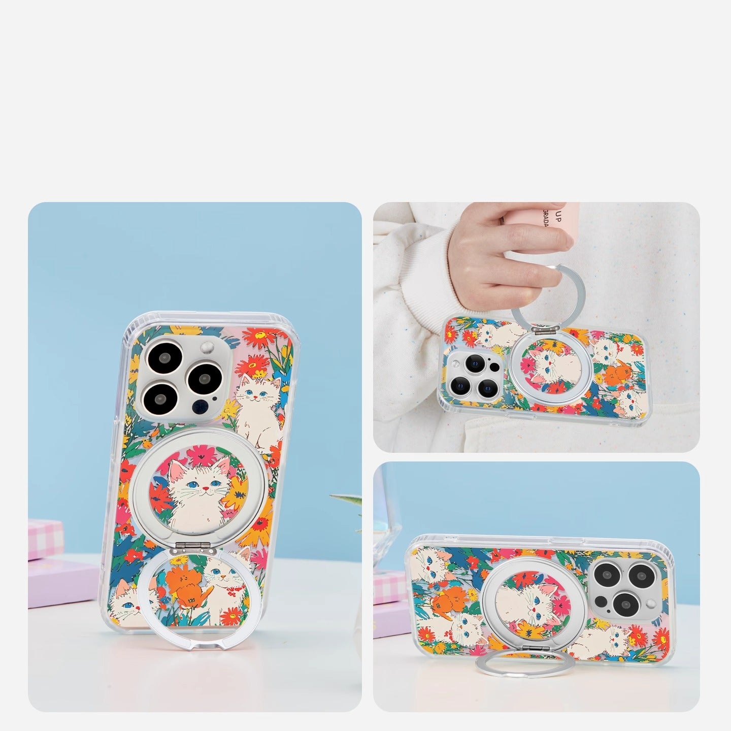 iCraftPro | iPhone 12-17 Pro Max Case with Stand, Magnetic, Vintage Floral Cat, Gradient Holographic, Drop-Proof