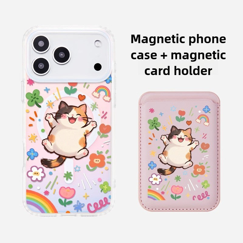 iCraftPro | Dopamine Cartoon Kitty Magnetic Case for iPhone 12-17 Pro Max, Holographic Cover with Lanyard