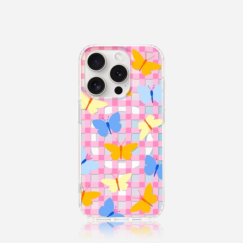 iCraftPro | Magnetic Case with Plaid & Butterflies for iPhone 12-17 Pro Max, Holographic Finish
