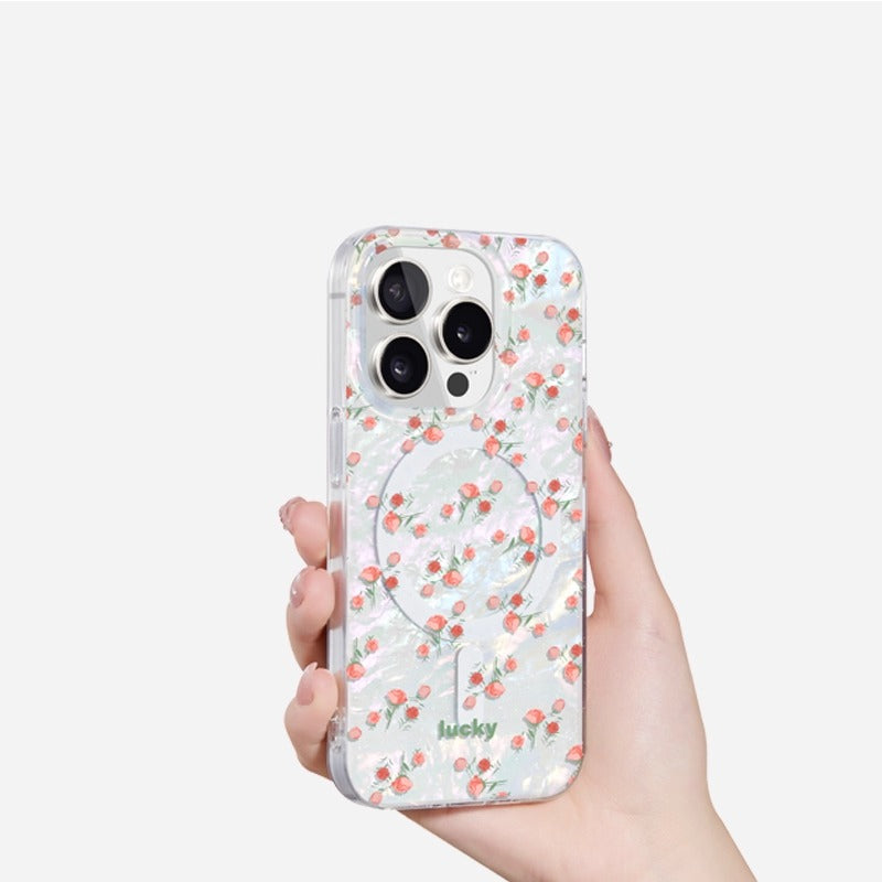 iCraftPro | Magnetic Case for iPhone 17 Pro Max 16 15 14 13, Women's Cute Marble Shell Design with Lucky Rose, Magsafe Compatible, Aesthetic Protective Cover