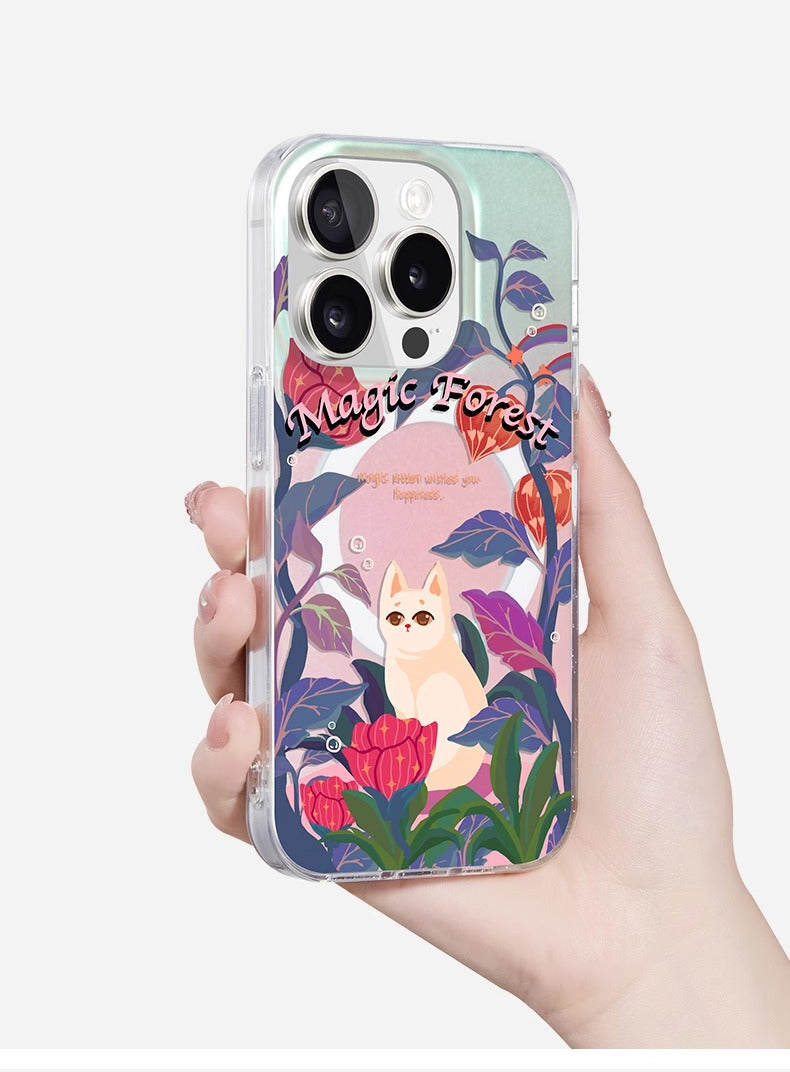 iCraftPro | Summer Floral and Forest Cat Case for iPhone 12-17 Pro Max - Unique Magnetic Holographic Cover