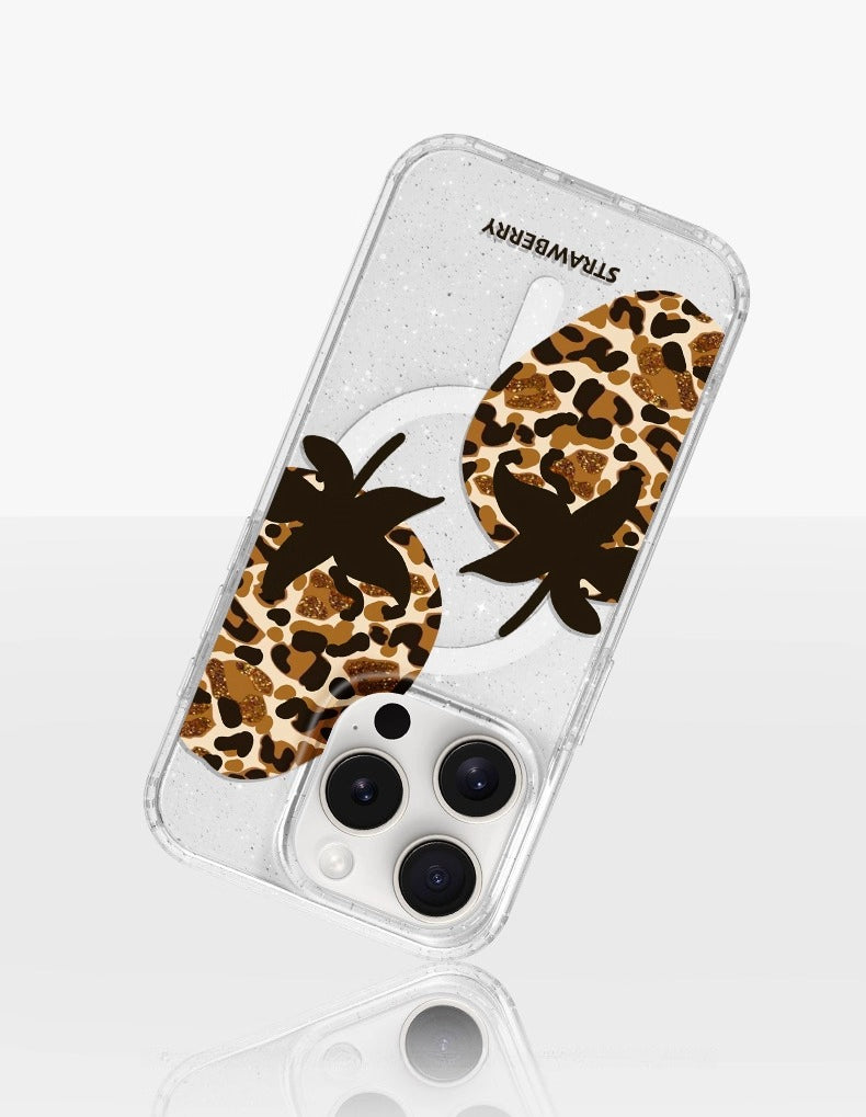 iCraftPro | Magnetic Glitter Case with Leopard & Strawberry Design for iPhone 12/13/14 Pro/15 Pro Max. Summer Luxury Fashion.