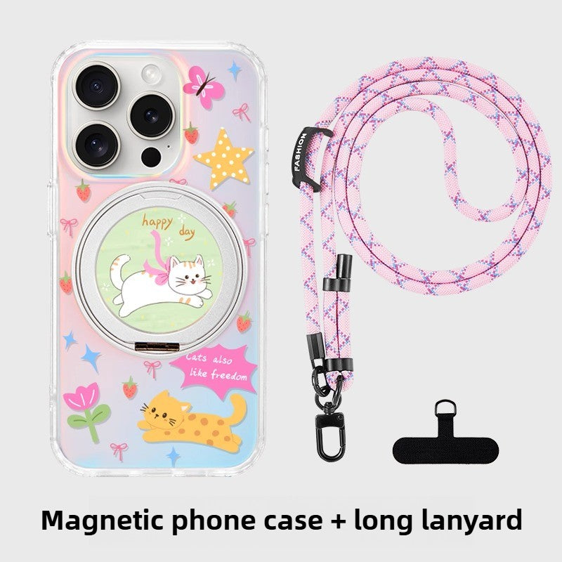 iCraftPro | Magnetic Phone Case with Stand for iPhone 13-17 Pro/Pro Max | Laser Gradient & Cute Cat Design