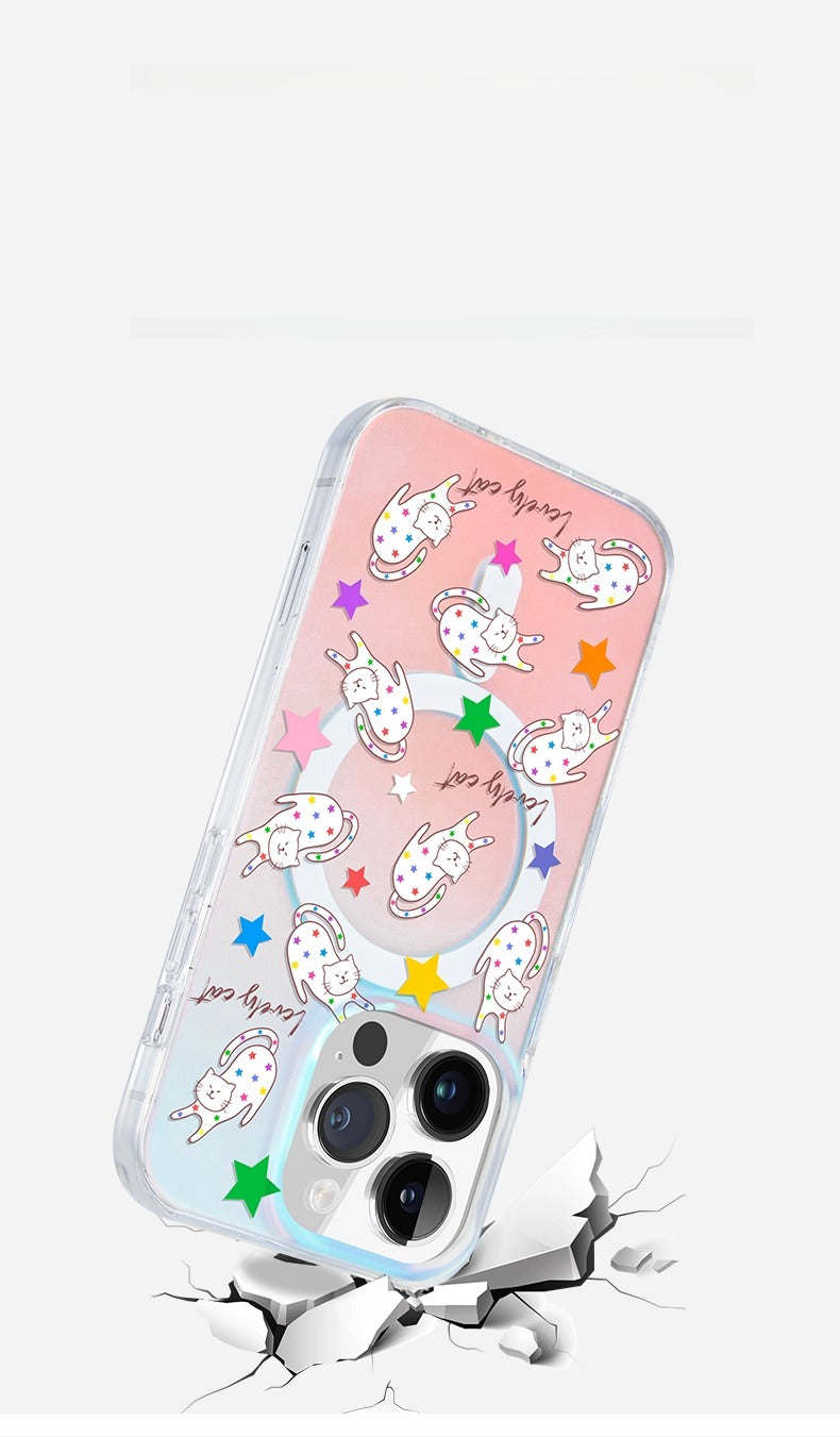 iCraftPro | Magnetic Case for iPhone 12-17 Pro Max, Cute Cat Cartoon Design, Women's Holographic Matte Magsafe Cover