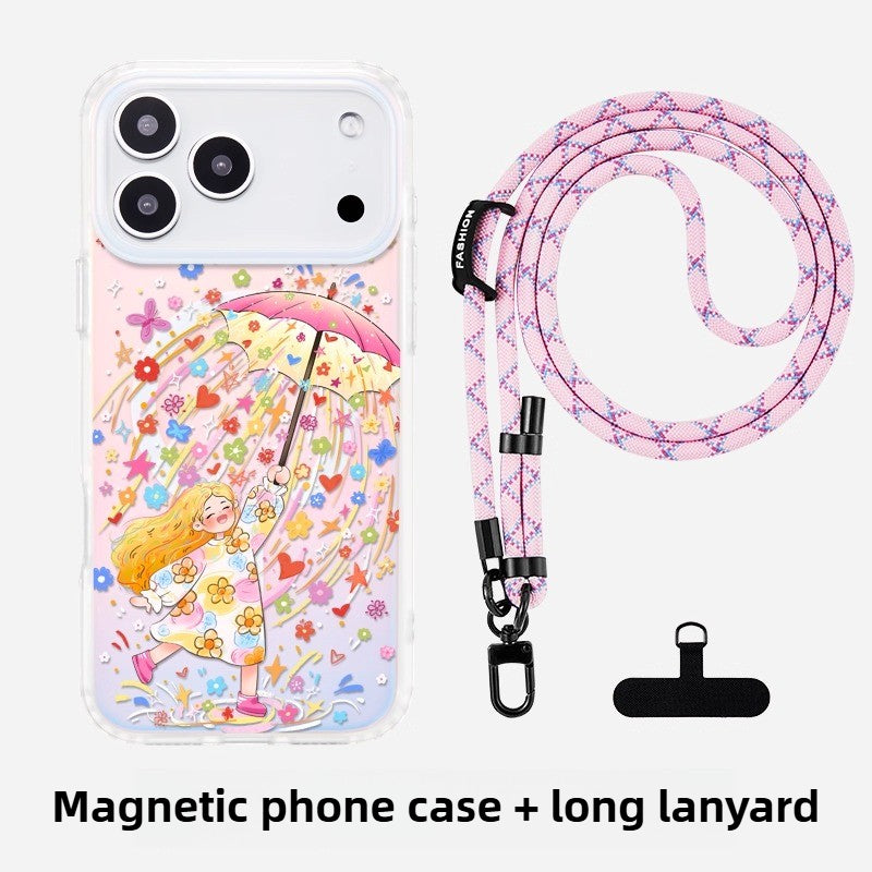 iCraftPro | Magnetic Cartoon Girl Case with Lanyard for iPhone 12-17 Pro Max | Gradient Laser