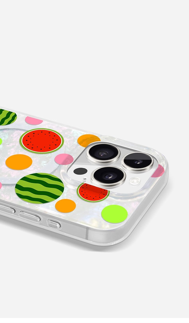 iCraftPro | Elegant MagSafe Case for iPhone 13-17 Pro Max: Pearlescent Waves & Fruit Dots Design