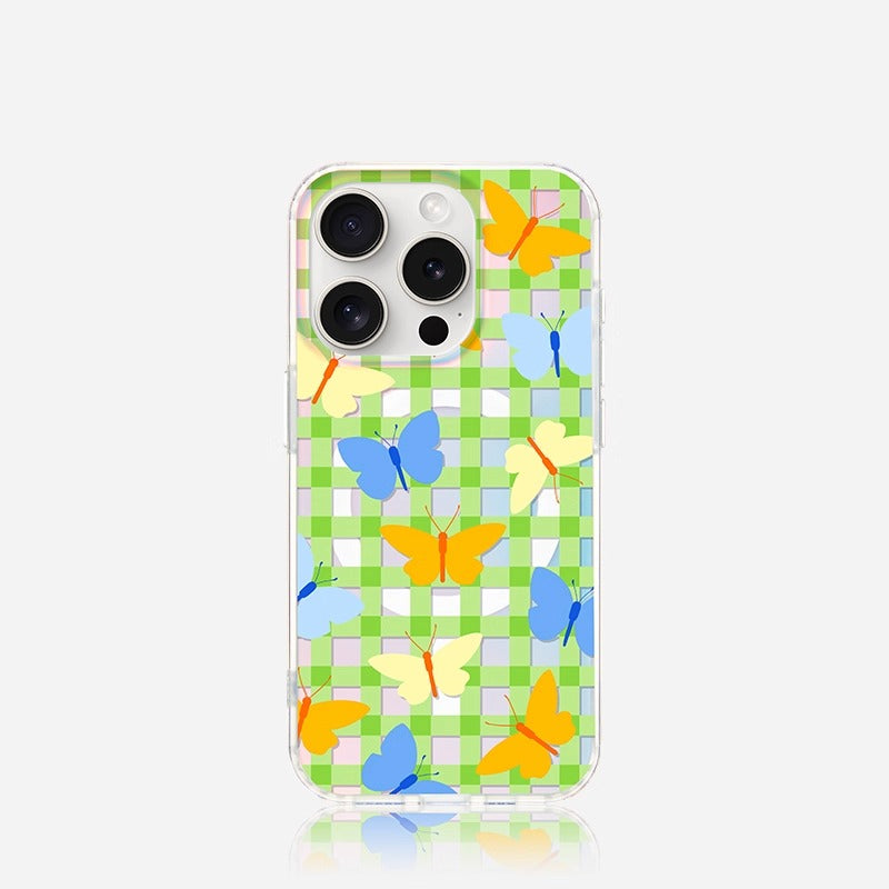 iCraftPro | Magnetic Case with Plaid & Butterflies for iPhone 12-17 Pro Max, Holographic Finish