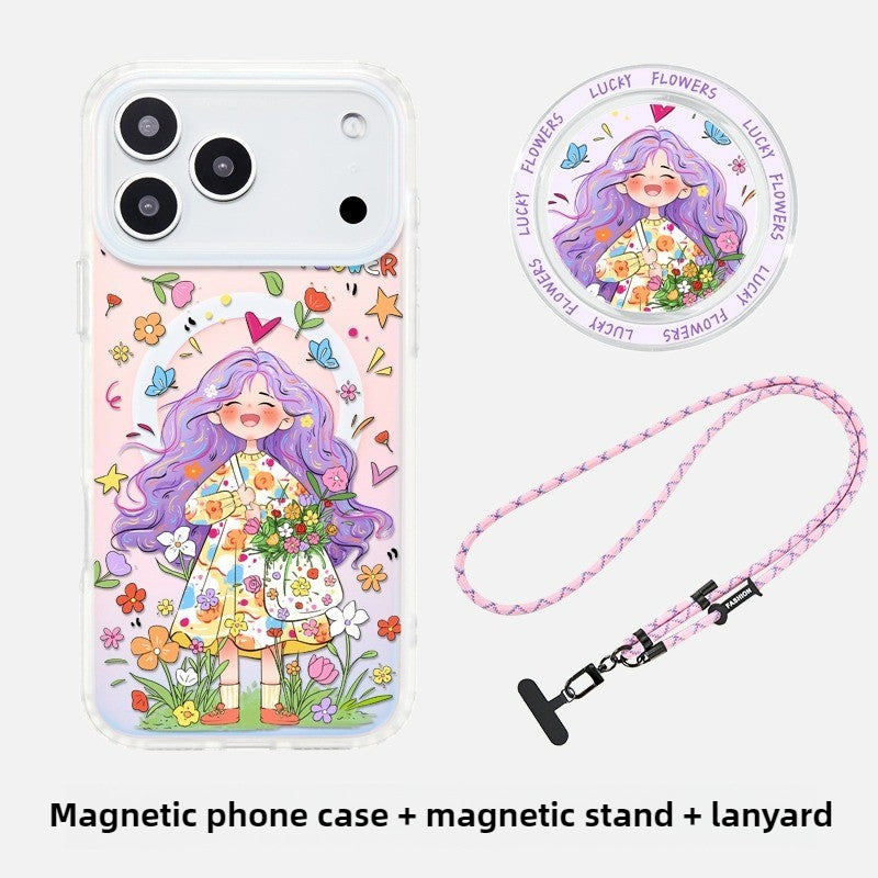 iCraftPro | Magnetic Gradient Holographic Case with Lanyard for iPhone 17 Pro Max - Unique Cartoon Girl Design