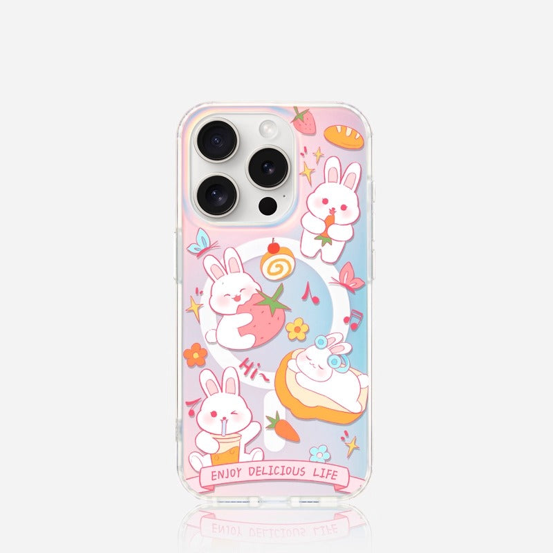 iCraftPro | Magnetic Case with Lanyard & Gradient Holographic Finish for iPhone 12 to 17 Pro Max.Cute Bunny Design.