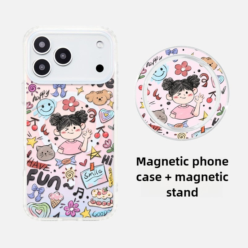 iCraftPro | Magnetic iPhone Case for 17 Pro Max/16 Pro/15/14/13/12 - Girls' Cartoon Doodle Style with Lanyard