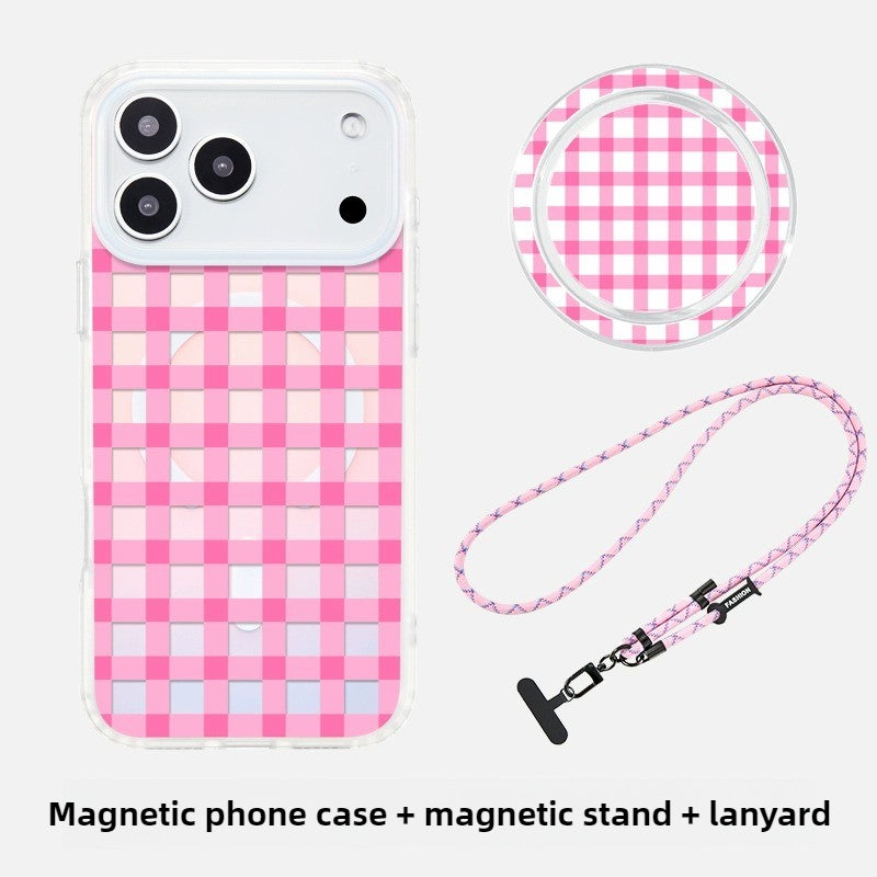 iCraftPro | Aesthetic Laser Grid Magnetic Case with Lanyard for iPhone 17 Pro Max - Trendy Pink, Also Fits iPhone 16/15/14/13/12 Pro