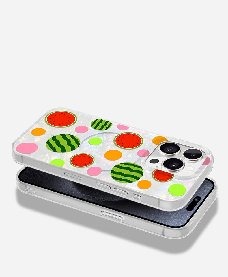 iCraftPro | Elegant MagSafe Case for iPhone 13-17 Pro Max: Pearlescent Waves & Fruit Dots Design