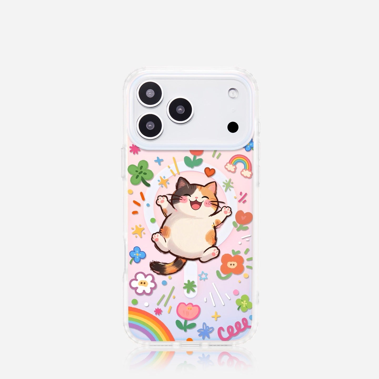 iCraftPro | Dopamine Cartoon Kitty Magnetic Case for iPhone 12-17 Pro Max, Holographic Cover with Lanyard