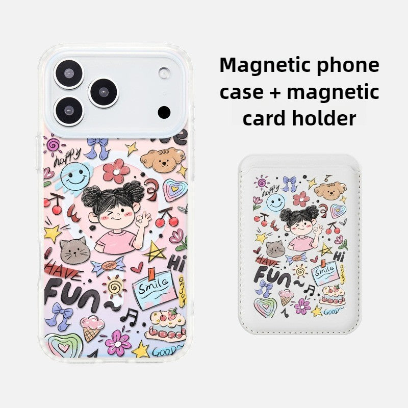 iCraftPro | Magnetic iPhone Case for 17 Pro Max/16 Pro/15/14/13/12 - Girls' Cartoon Doodle Style with Lanyard
