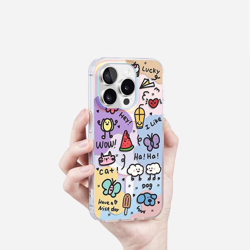 iCraftPro | Holographic Gradient Doodle Case, Creative Cartoon Minimalist Design MagSafe Compatible with iPhone 12 to 17 Pro Max