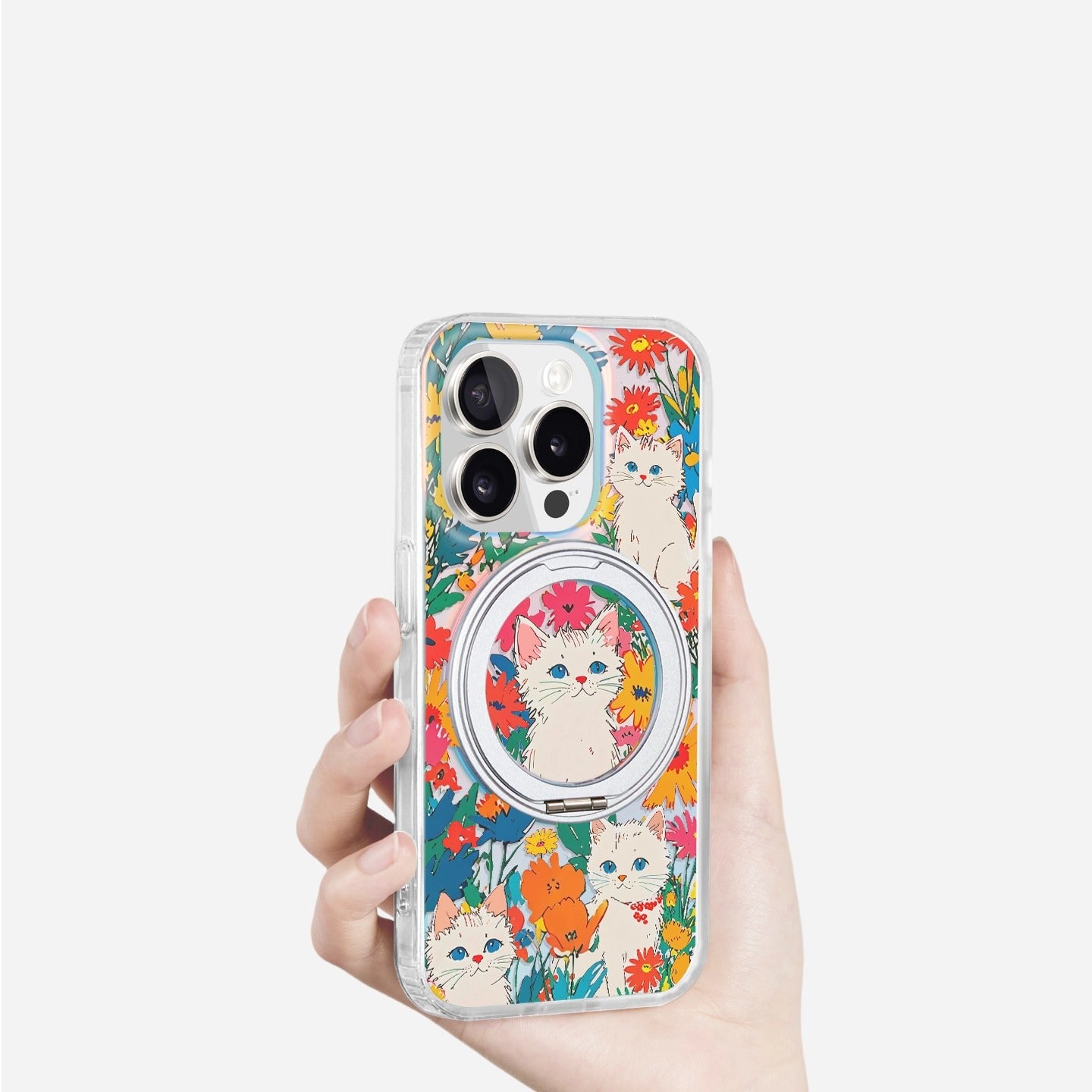 iCraftPro | iPhone 12-17 Pro Max Case with Stand, Magnetic, Vintage Floral Cat, Gradient Holographic, Drop-Proof