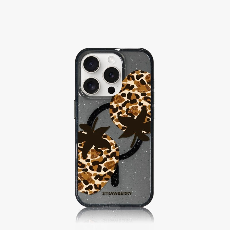 iCraftPro | Magnetic Glitter Case with Leopard & Strawberry Design for iPhone 12/13/14 Pro/15 Pro Max. Summer Luxury Fashion.
