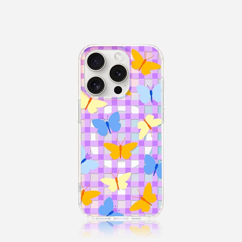 iCraftPro | Magnetic Case with Plaid & Butterflies for iPhone 12-17 Pro Max, Holographic Finish