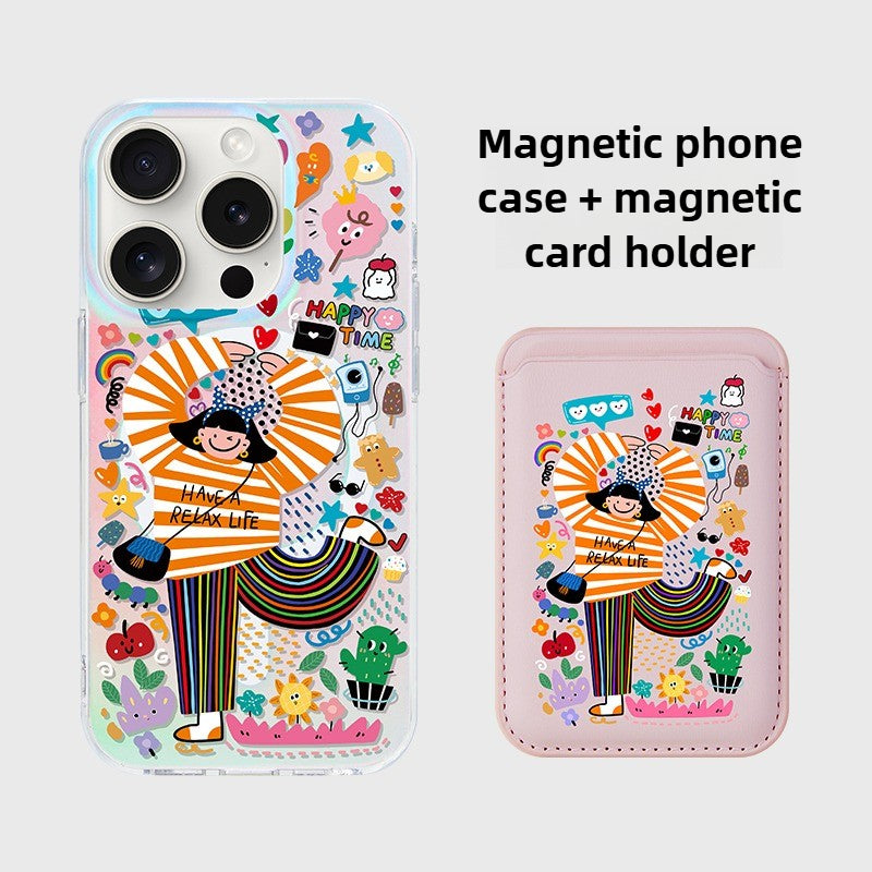 iCraftPro | MagSafe Case with Card Holder - Frosted Holographic & Cartoon for Apple 17ProMax 16Pro 15 14 13 12