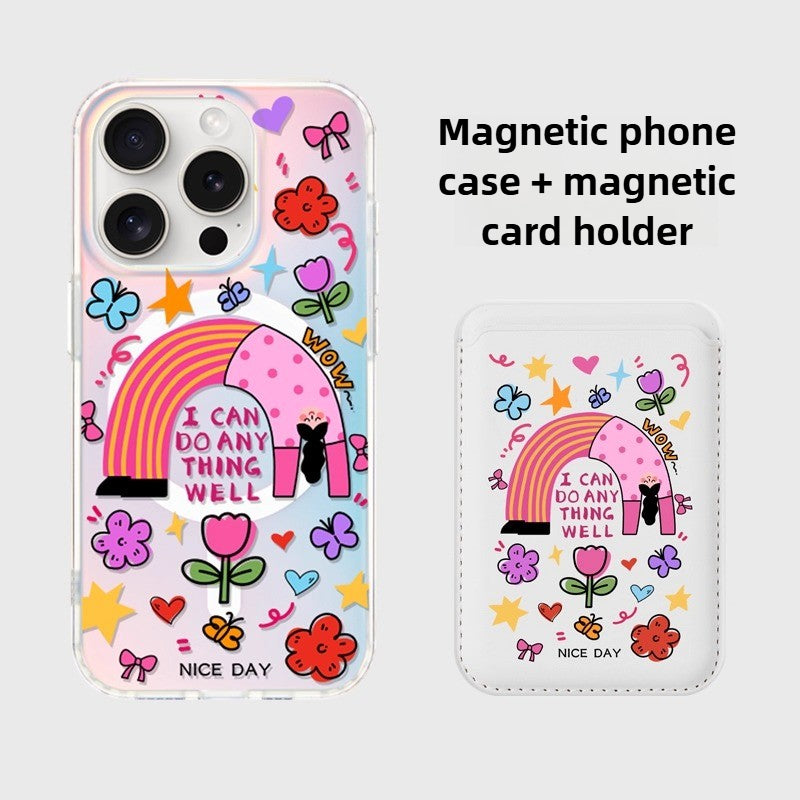 iCraftPro | Magnetic Holographic Case with Lanyard for iPhone 12/13/14/15/16 Pro/17 Pro Max. Creative Cartoon Girl Design.
