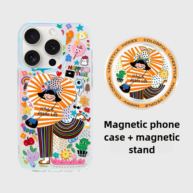 iCraftPro | MagSafe Case with Card Holder - Frosted Holographic & Cartoon for Apple 17ProMax 16Pro 15 14 13 12