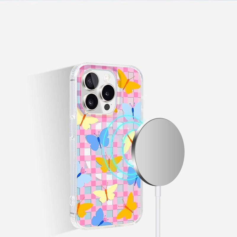 iCraftPro | Magnetic Case with Plaid & Butterflies for iPhone 12-17 Pro Max, Holographic Finish
