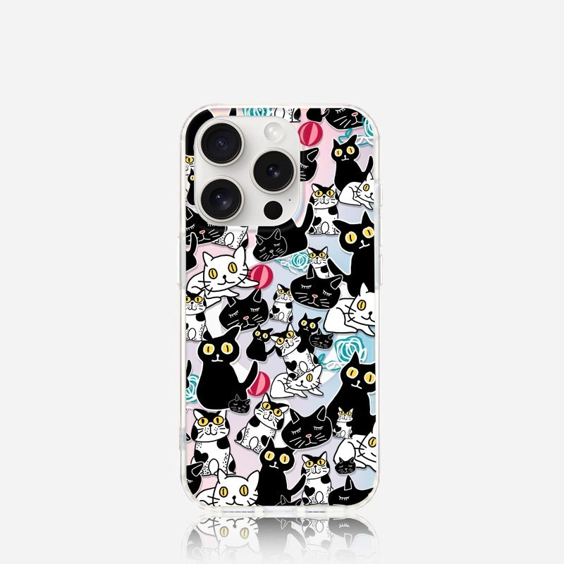 iCraftPro | Magnetic Holographic Case with Strap, for iPhone 12/13/14/15/16 Pro/17 Pro Max. Cute Cartoon Cat Design.