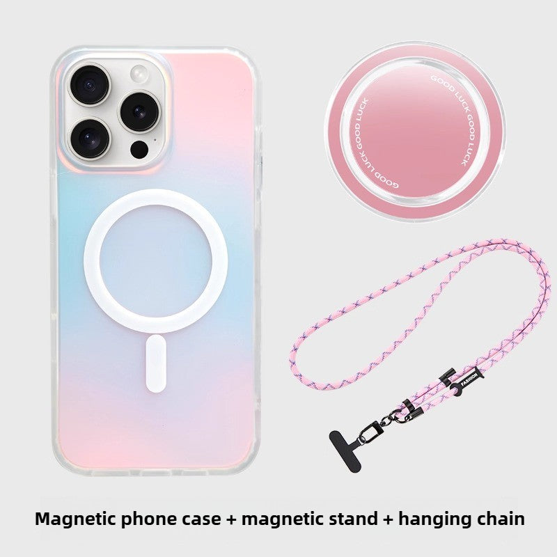 iCraftPro | Magnetic Laser Gradient Case with Lanyard for iPhone 17ProMax/16Pro/15/14/13/12, Frosted Pink Design