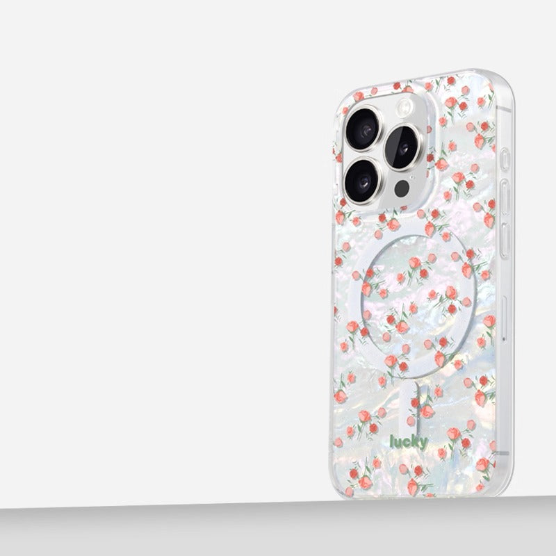 iCraftPro | Magnetic Case for iPhone 17 Pro Max 16 15 14 13, Women's Cute Marble Shell Design with Lucky Rose, Magsafe Compatible, Aesthetic Protective Cover