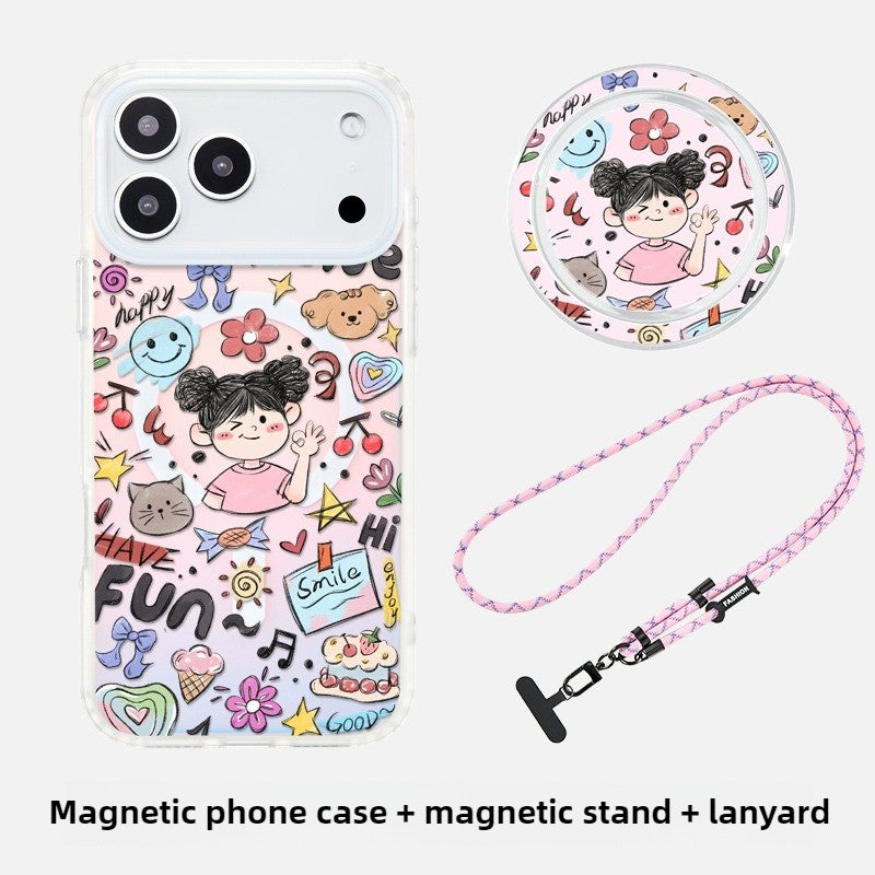 iCraftPro | Magnetic iPhone Case for 17 Pro Max/16 Pro/15/14/13/12 - Girls' Cartoon Doodle Style with Lanyard