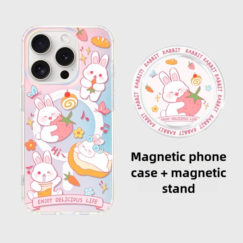 iCraftPro | Magnetic Case with Lanyard & Gradient Holographic Finish for iPhone 12 to 17 Pro Max.Cute Bunny Design.