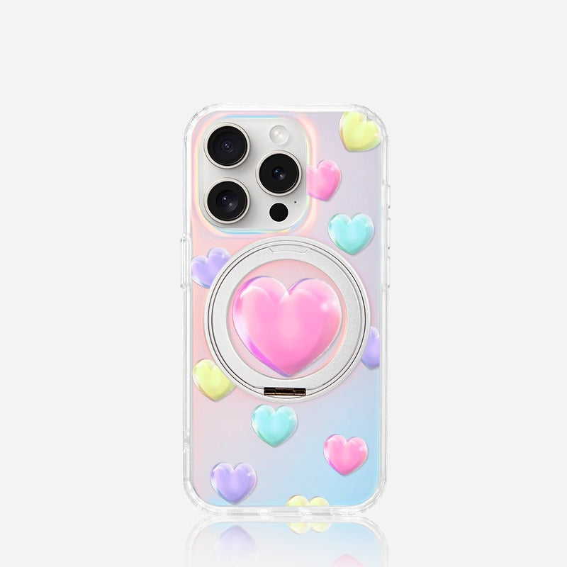 iCraftPro | Stylish Holographic Heart Case with Magnetic Stand for iPhone 13/14/15/16/17 Pro (Max)
