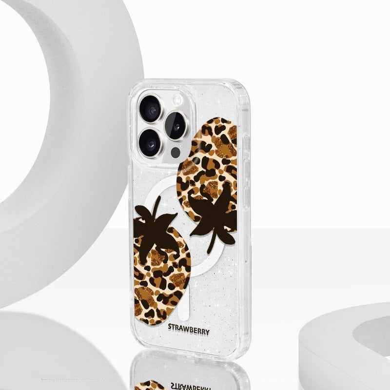 iCraftPro | Magnetic Glitter Case with Leopard & Strawberry Design for iPhone 12/13/14 Pro/15 Pro Max. Summer Luxury Fashion.
