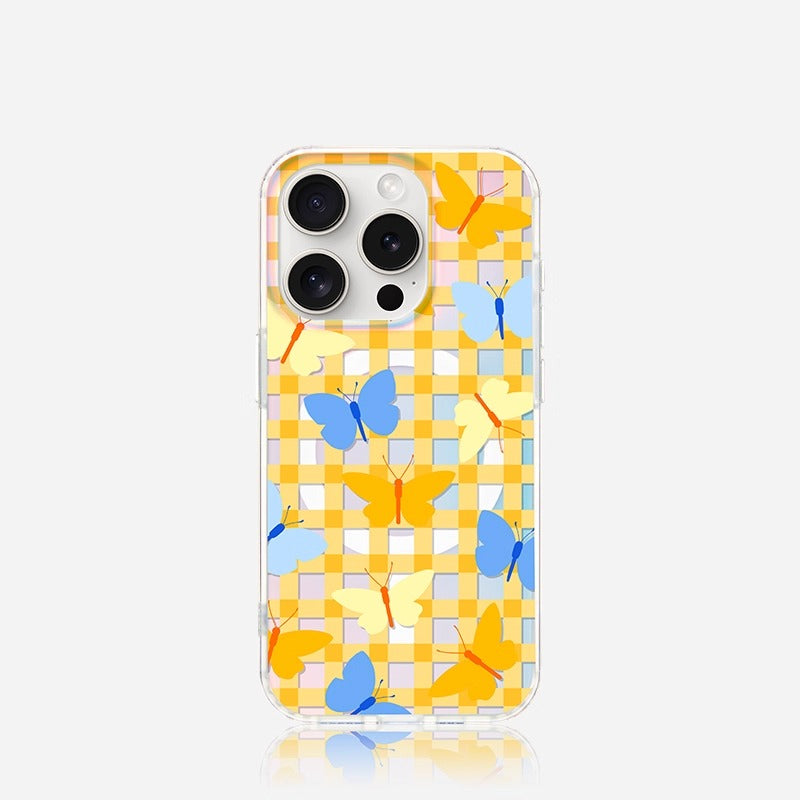 iCraftPro | Magnetic Case with Plaid & Butterflies for iPhone 12-17 Pro Max, Holographic Finish