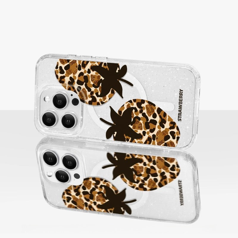 iCraftPro | Magnetic Glitter Case with Leopard & Strawberry Design for iPhone 12/13/14 Pro/15 Pro Max. Summer Luxury Fashion.