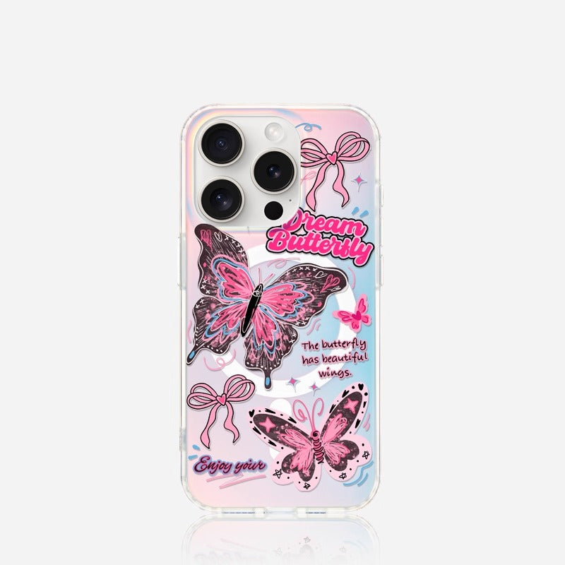 iCraftPro | Creative Butterfly Magnetic Case for iPhone 12-17 Pro Max, Unique Gradient Holographic Design with Lanyard