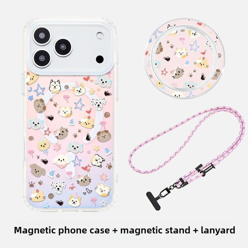 iCraftPro | Magnetic Case for iPhone 12-17 Pro Max, Gradient Holographic Aesthetic with Strap, Cute Pet Design