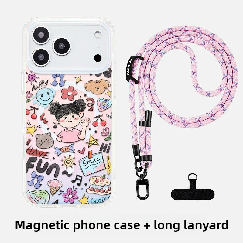 iCraftPro | Magnetic iPhone Case for 17 Pro Max/16 Pro/15/14/13/12 - Girls' Cartoon Doodle Style with Lanyard