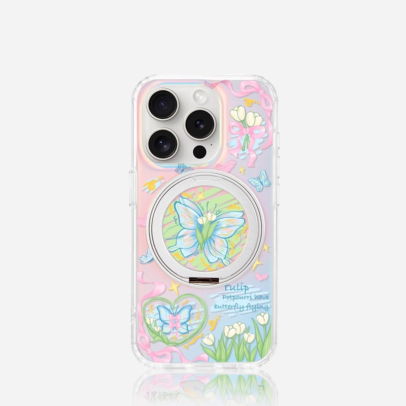 iCraftPro | Magnetic Magsafe Case with Stand & Frosted Tulip Butterfly for iPhone 13/14/15/16/17 Pro Max