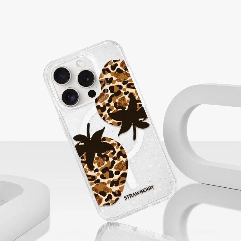 iCraftPro | Magnetic Glitter Case with Leopard & Strawberry Design for iPhone 12/13/14 Pro/15 Pro Max. Summer Luxury Fashion.