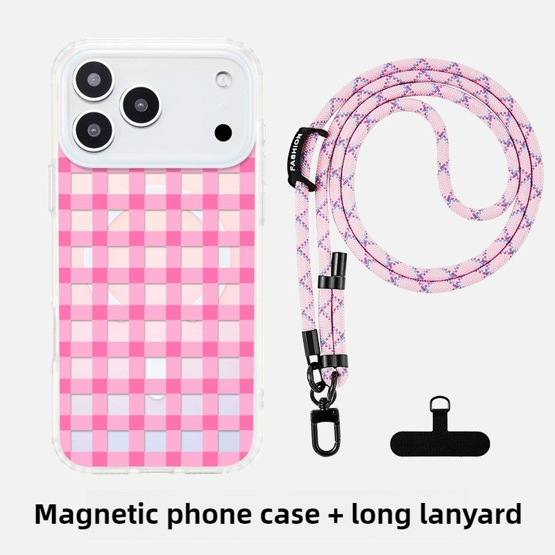 iCraftPro | Aesthetic Laser Grid Magnetic Case with Lanyard for iPhone 17 Pro Max - Trendy Pink, Also Fits iPhone 16/15/14/13/12 Pro