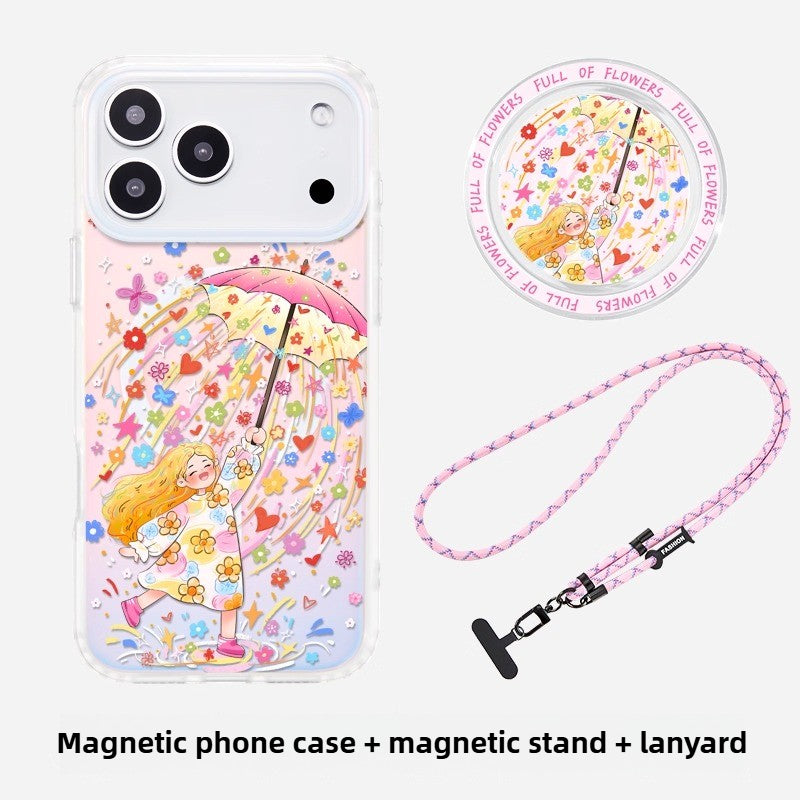 iCraftPro | Magnetic Cartoon Girl Case with Lanyard for iPhone 12-17 Pro Max | Gradient Laser