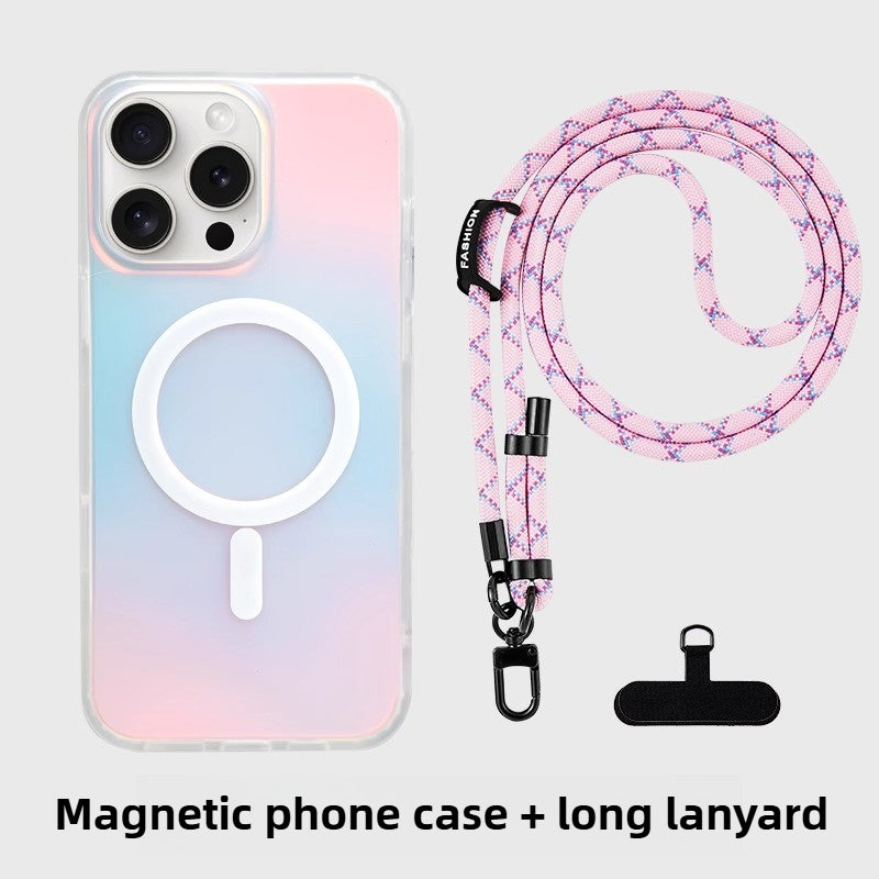 iCraftPro | Magnetic Laser Gradient Case with Lanyard for iPhone 17ProMax/16Pro/15/14/13/12, Frosted Pink Design