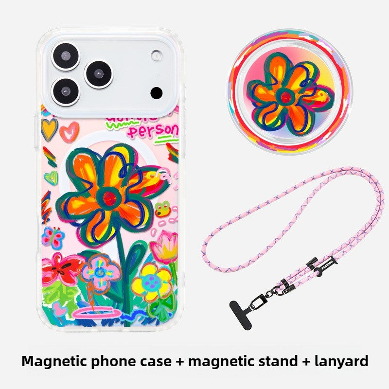 iCraftPro | Floral Holographic MagSafe Case with Lanyard for Apple 17ProMax iPhone 16/15/14/13/12 - Chic & Creative