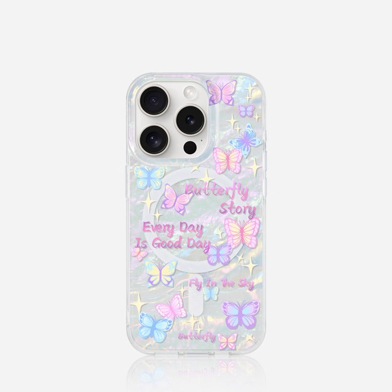 iCraftPro | Dreamy Butterfly Case with Colorful Pearlescent Texture for iPhone 12 to 17 Pro Max. Magnetic, Unique Chic.