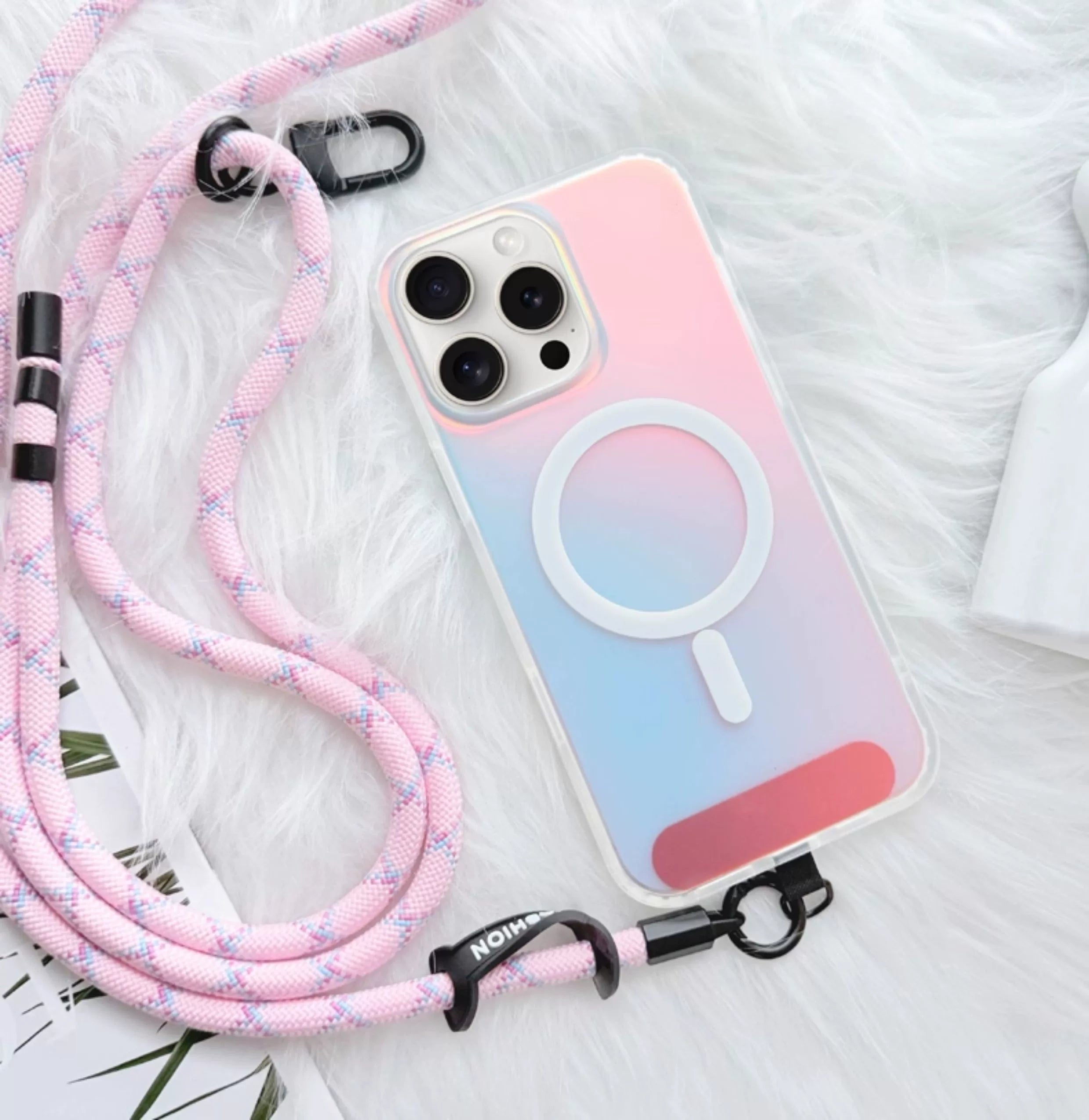 iCraftPro | Magnetic Laser Gradient Case with Lanyard for iPhone 17ProMax/16Pro/15/14/13/12, Frosted Pink Design